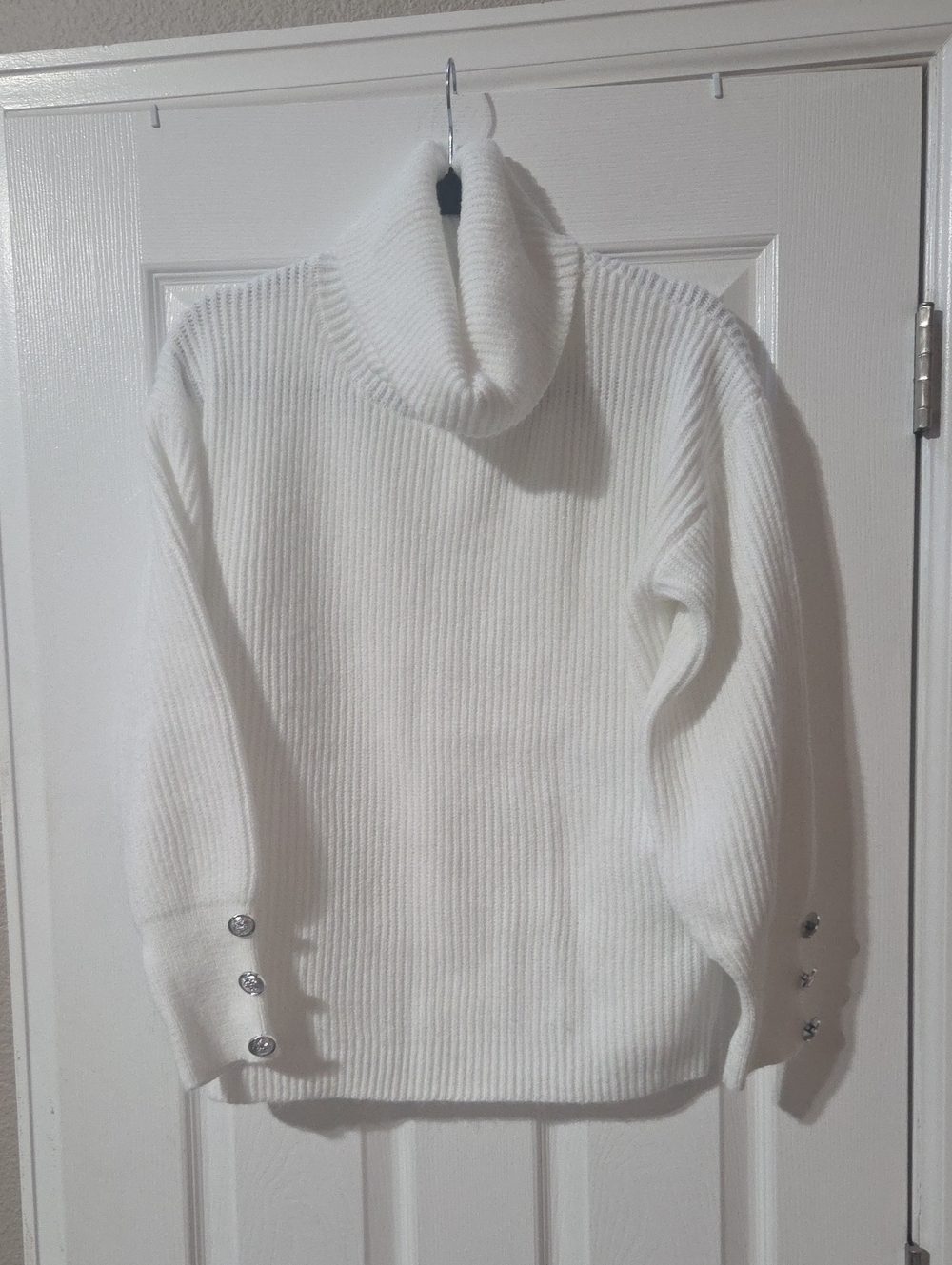 Classic White Ribbed Turtleneck Sweater with Button Cuff Detail